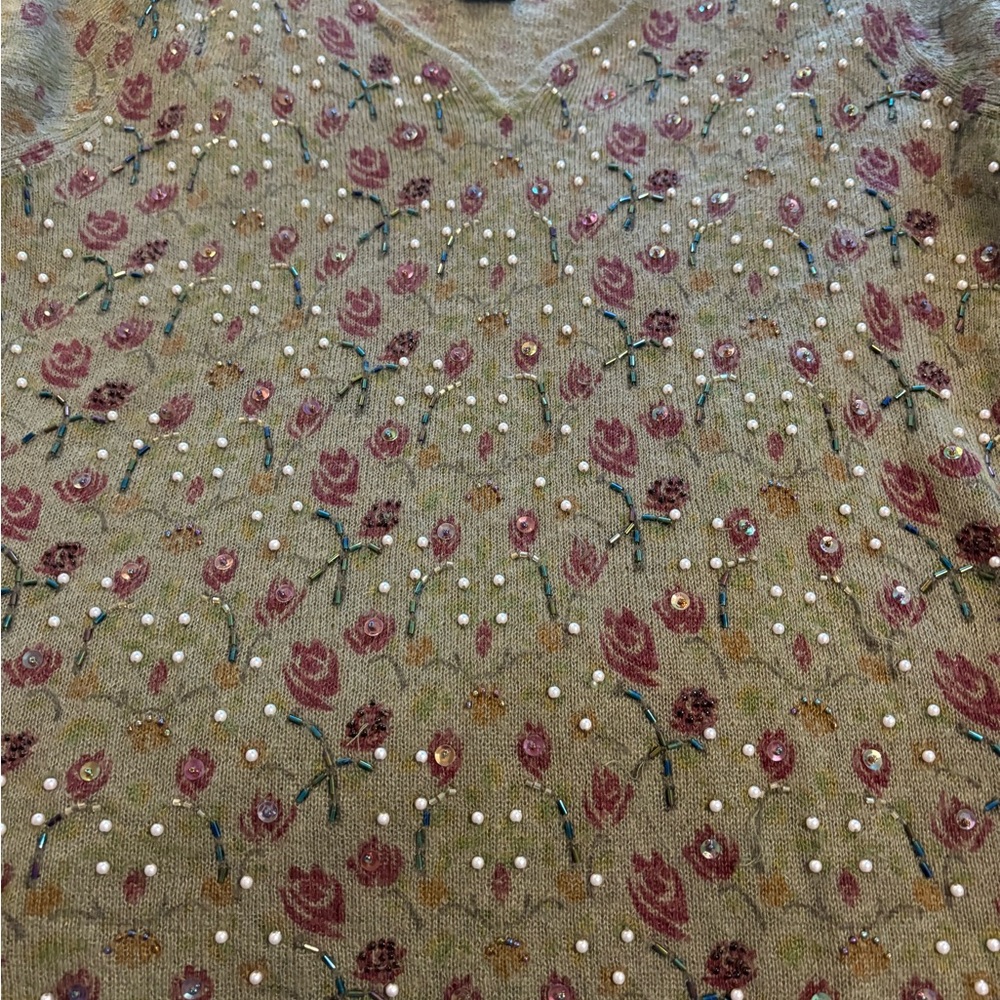 Willi Smith Beaded Floral Sweater Pearl Embellished Cottagecore Vintage Size L - Picture 5 of 7